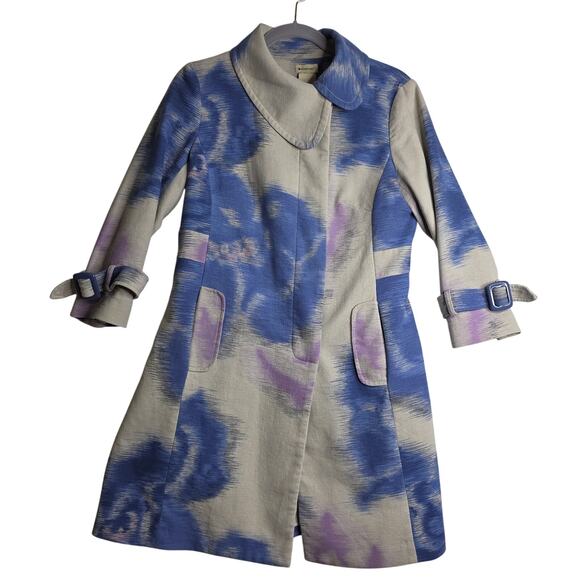 Anthropologie Elevenses sz8 Vintage Trench Blue Pink OffWhite Abstract Babydoll - Picture 1 of 15
